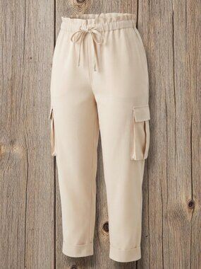 CAMI NYC Cream Silk & Linen Paperbag Waist Cargo Utility Pants L